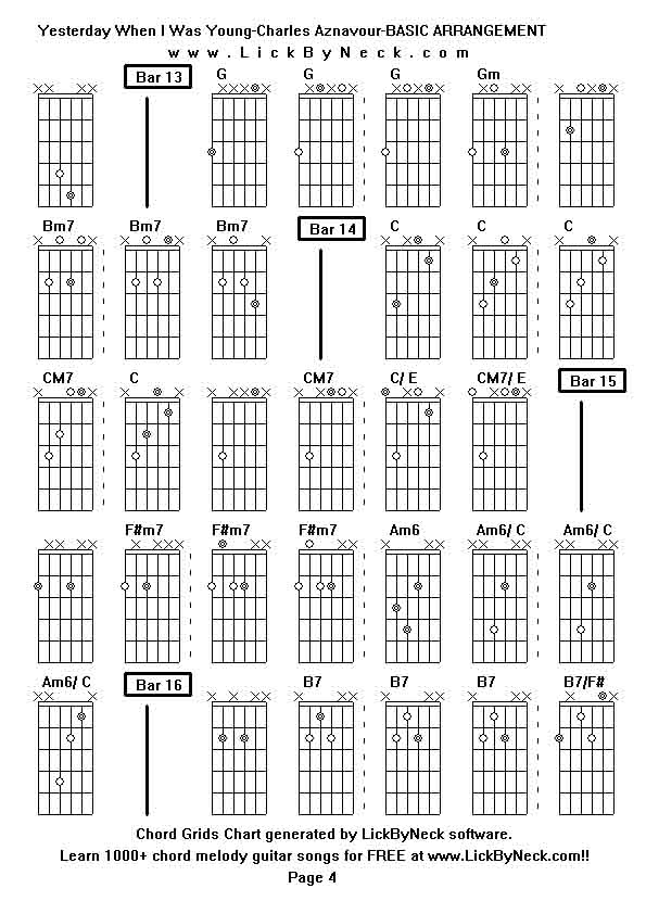 Chord Grids Chart of chord melody fingerstyle guitar song-Yesterday When I Was Young-Charles Aznavour-BASIC ARRANGEMENT,generated by LickByNeck software.